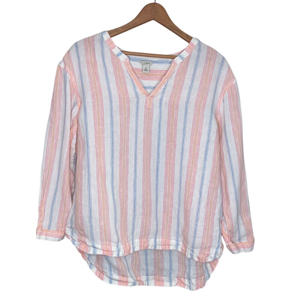 L.L. Bean Women's Medium M‎ Premium Washable Linen Splitneck Stripe Shirt Top - Picture 2 of 5